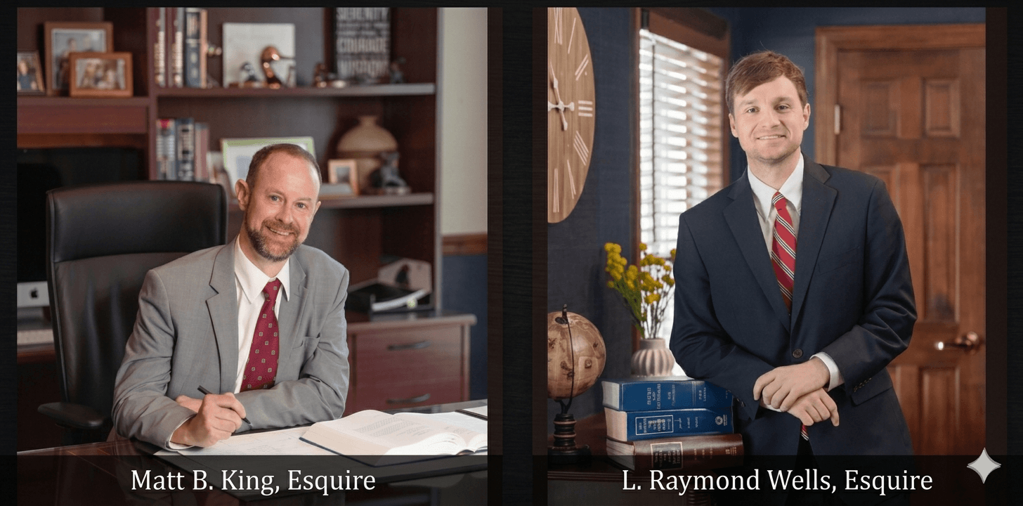 image shows Attorney Matt King on left and Attorney L. Raymond Wells, on the right. Business Sales and Transactions attorneys Pearce Group Law Myrtle Beach SC